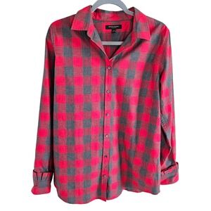 Banana Republic "Dillon Shirt" Size L Tall Gray & Red Plaid Pleated Sleeve Cuff